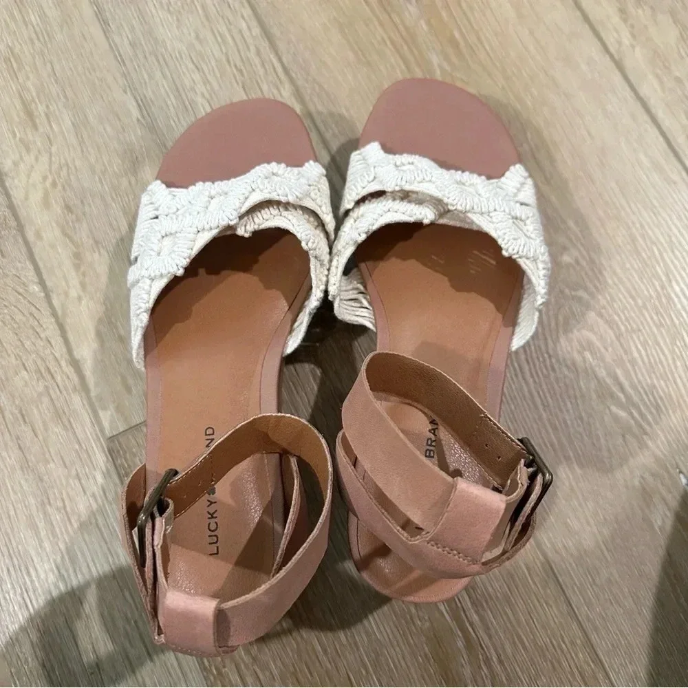Lucky Brand BrownLeather Crochet Platform Sandal with Ankle Strap Sz 9.5 NWOT